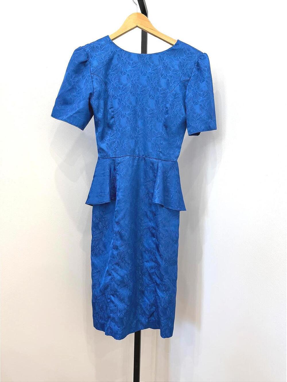 Vintage Handmade 80s Blue Floral Jacquard Peplum Dress